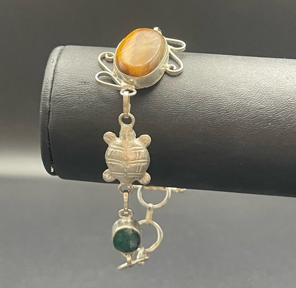 Oval Tiger's Eye Silver Turtles Green Gemstones Adjustable Bracelet 6.5-7 in